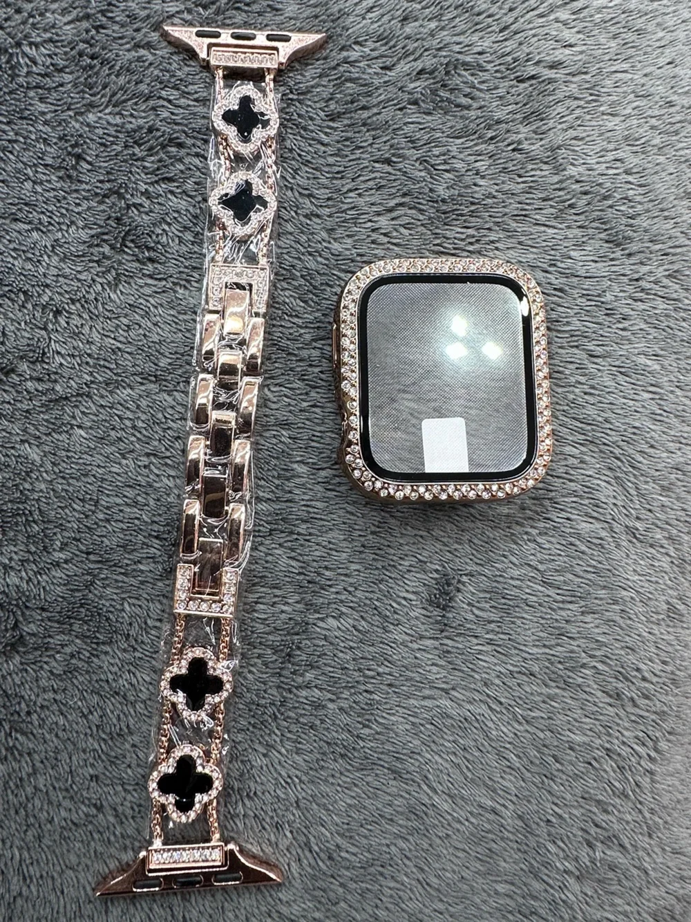 Black Decorative Apple Watch Band with Rhinestone Clover Accents